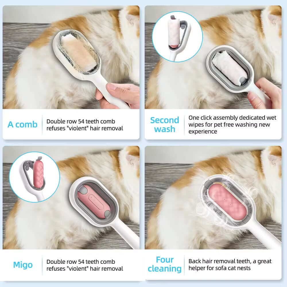 4-in-1 Pet Grooming Brush: Clean, Massage, Fur Removal & Water Tank for Cats and Dogs